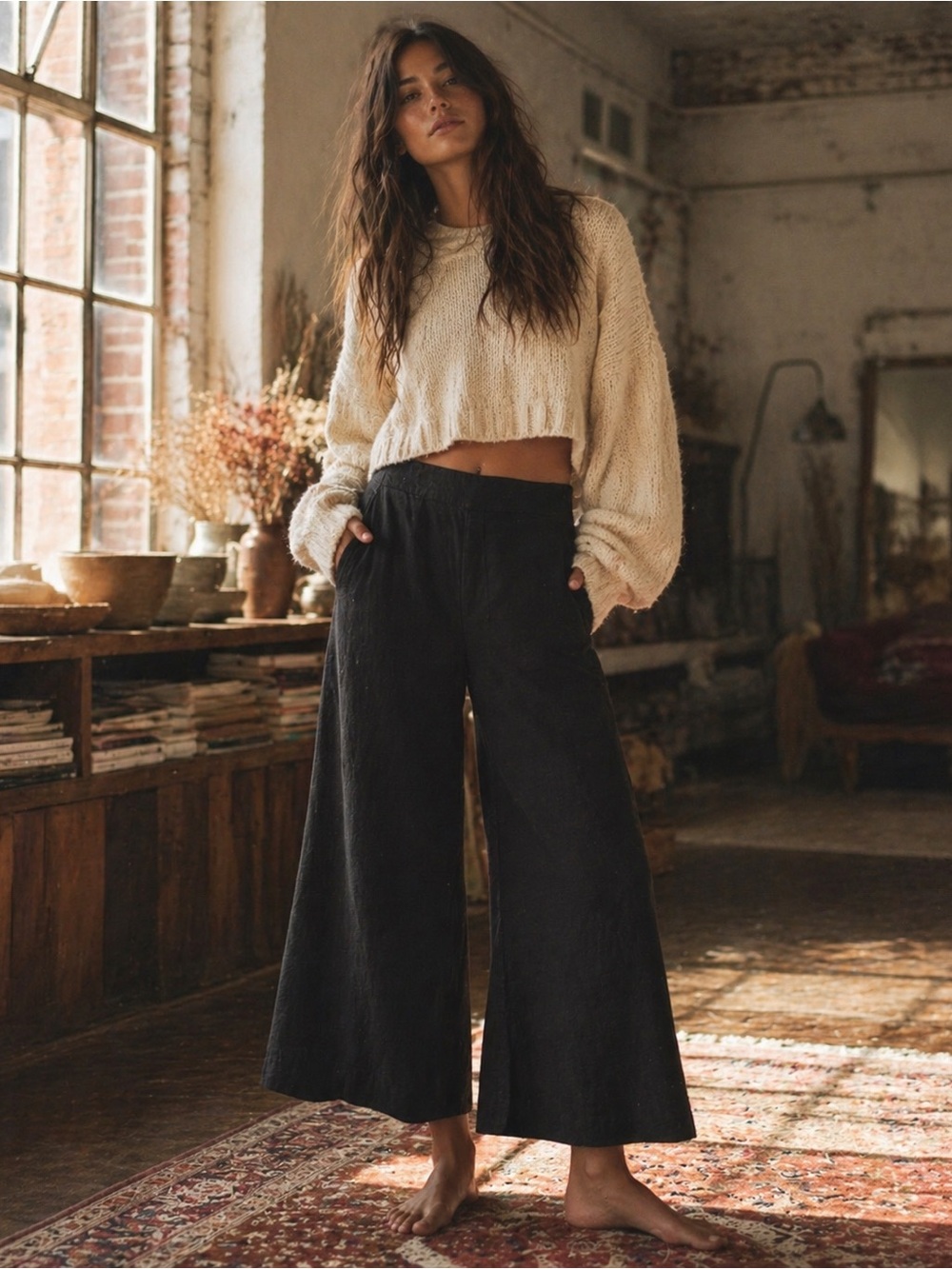 Free People Black Linen Blend Wide Leg Crop
Pants Medium